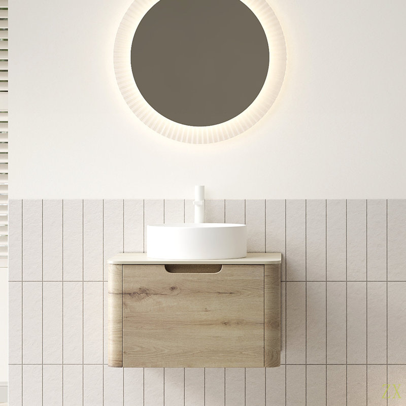 Meuble-lavabo de 24 po avec lavabo, armoire de rangement murale en contreplaqué avec tiroir, lavabo rond en céramique et plateau en pierre à motif de travertin Roma pré-assemblé