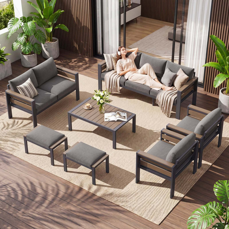7 Piece Aluminum Patio Furniture Set, Modular Outdoor Conversation Set With Thick Cushions For Patio, Balcony, Backyard