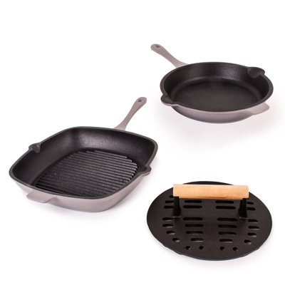 Neo 3Pc Cast Iron Set: Fry Pan, Grill Pan & Slotted Steak Press