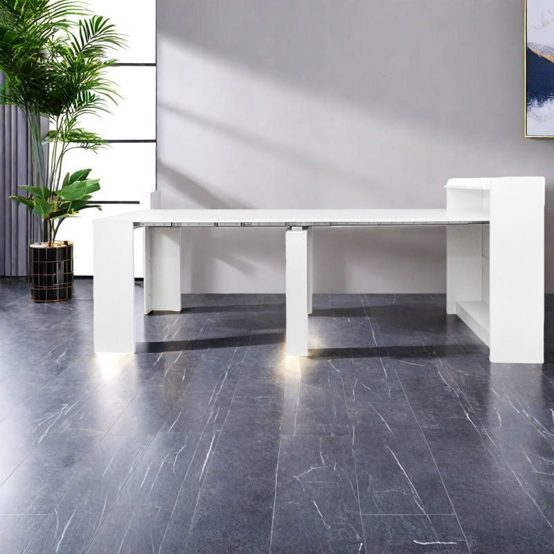 Table de salle à manger extensible (table seule, sans chaises, avec plateau et pieds) avec rangement, en MDF blanc, style moderne pour petite cuisine