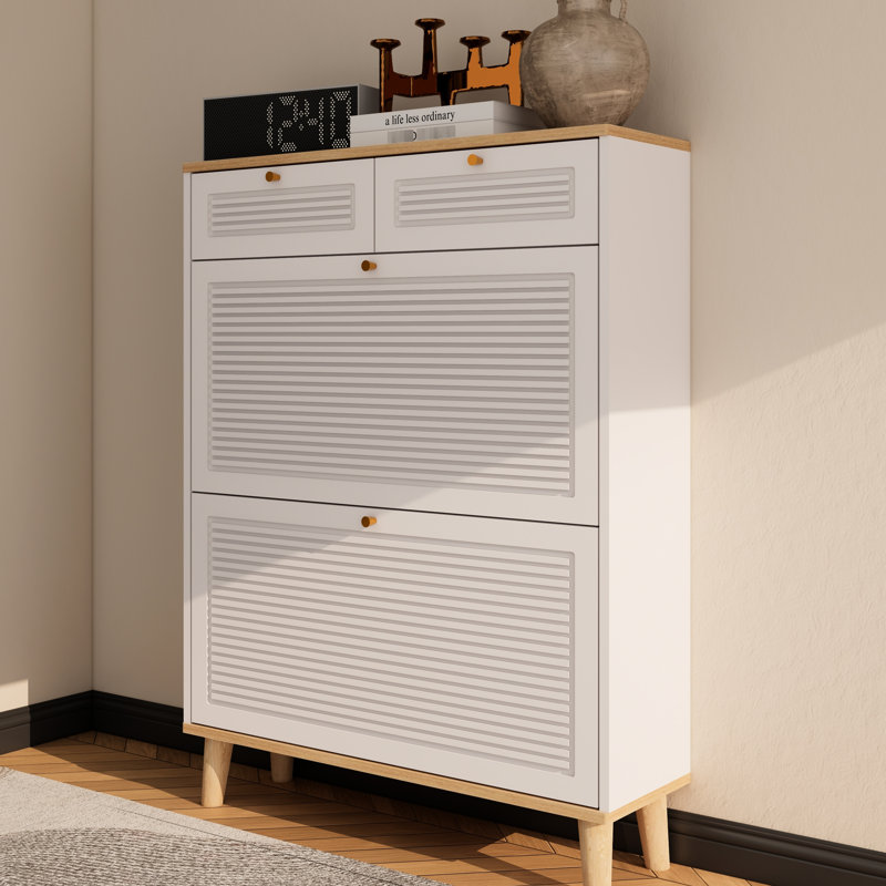 Armoire à chaussures autoportante avec 2 portes et tiroirs rabattables, organisateur étroit pour les couloirs compacts, apparence naturelle blanche, rangement adéquat, porte unique, conception de support de processus d'installation sans effort