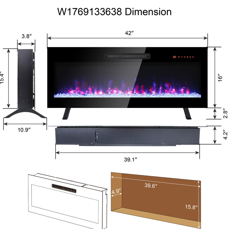 Foyer encastré de 42 po, verre trempé, télécommande, 16 couleurs de flammes, options de couleurs de lit Ember fixées au mur 5 réglages de luminosité