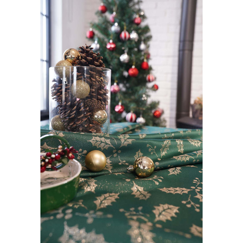 Holly Berry Tablecloth, 110" L x 59" W, Green/Gold
