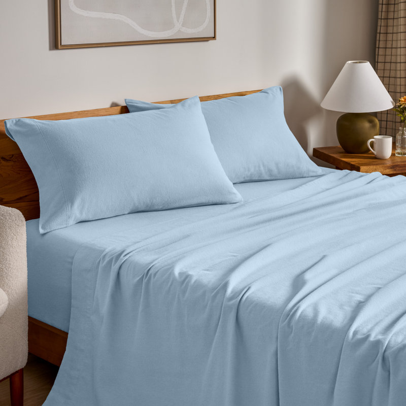 Ensemble de draps 100% flanelle de coton, Bleu clair, Ensemble de draps très grand californien avec 2 t