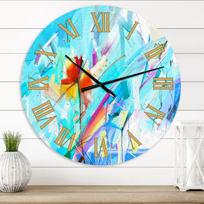 Hand Brush Blue Flower on Turquoise Background - Farmhouse wall clock
