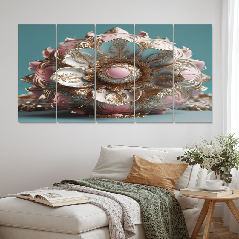 Décoration florale rose lotus rose avec noyau III - lot de 5 panneaux égaux