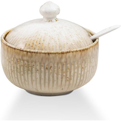 White Porcelain Sugar Bowl with Lid and Spoon, Glossy Ceramic Spice Storage Jar for Kitchen Countertop Cafe Table