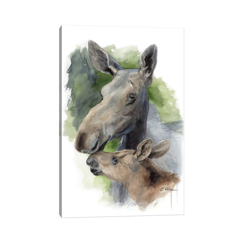 Mother And Baby Moose by Watercolor Luv - Wrapped Canvas Painting, 66.04 cm H x 45.72 cm W