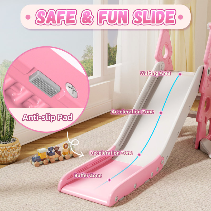 Ensemble de glissade et de balançoire pour enfants 4 en 1, glissade pour tout-petit avec panier de basket et balançoire, Rose