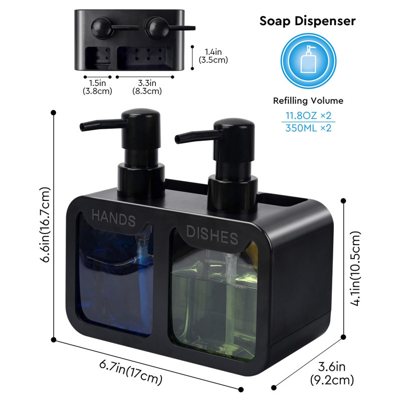 Distributeur de savon et de lotion 4 en 1, accessoires pour évier de cuisine avec éponge en pâte de bois épaisse et serviette, distributeur double de savon pour les mains et la vaisselle à poser, avec porte-éponge et porte-brosse.