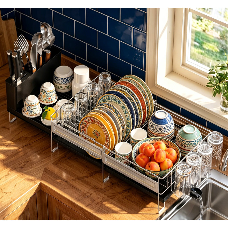Grand égouttoir à vaisselle en acier inoxydable multifonctionnel avec porte-gobelets à couverts extensible pour comptoir de cuisine