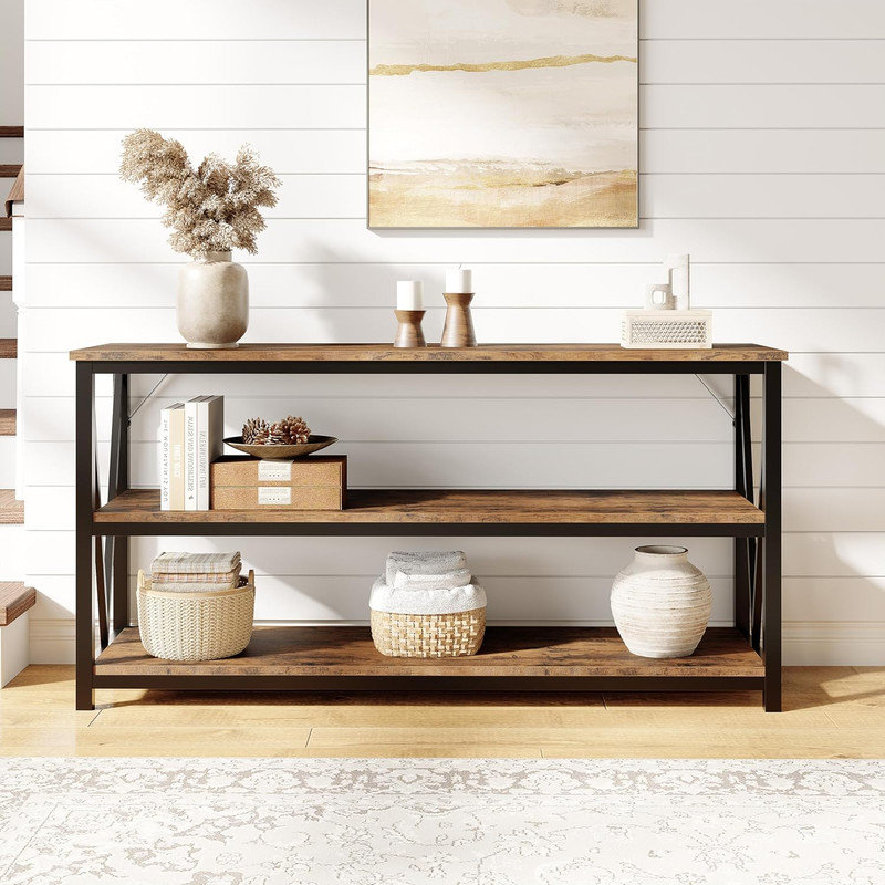 Console cannelée en bois de 55 po, canapé à 3 niveaux pour le vestibule et le salon derrière le canapé, Bois gris