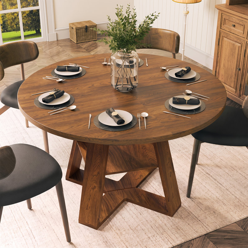 Table de salle à manger ronde extensible de 43,3" à 60" avec rangement dissimulé et piètement en croix, pour 4 à 6 personnes
