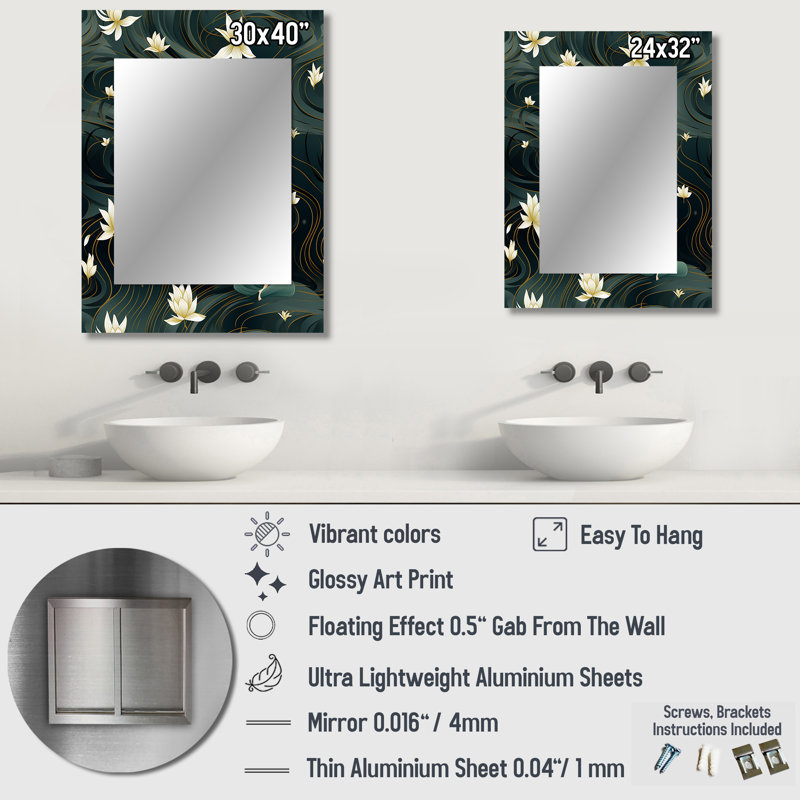 Mindful Retreat Yoga Oasis Zen - miroir mural floral unique, miroir de chalet, impression d'art en métal, 32 po x 24 po