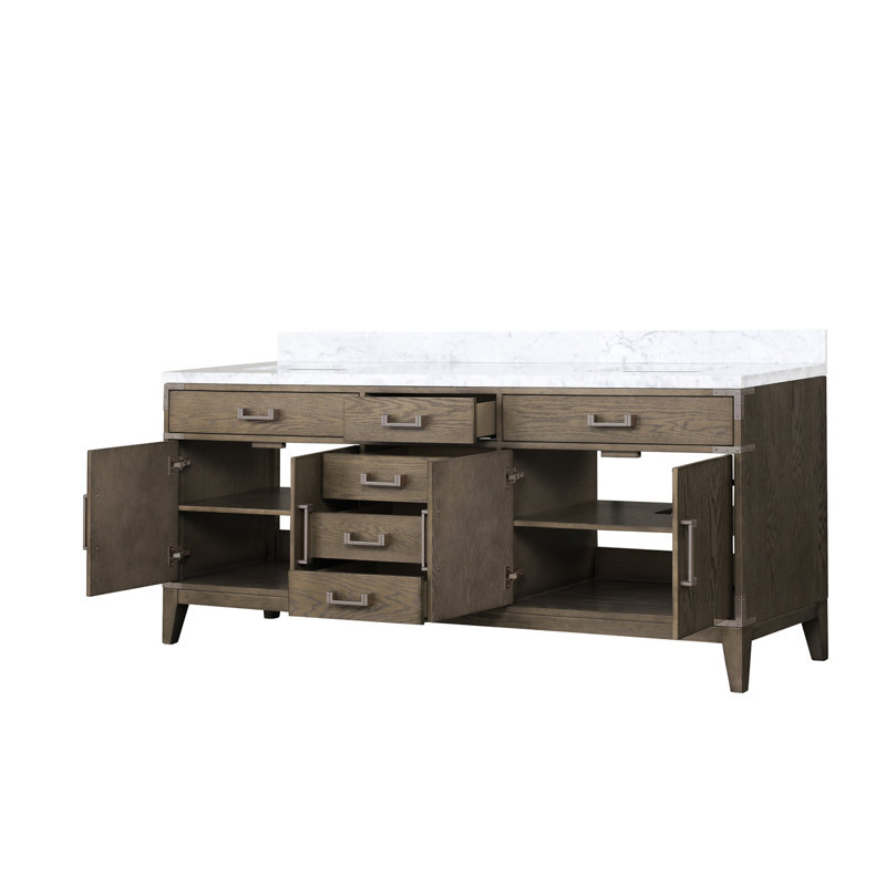 Meuble-lavabo double en chêne blanc 80 po X P 22 po D, avec plateau en marbre de Carrare, Chêne blanc