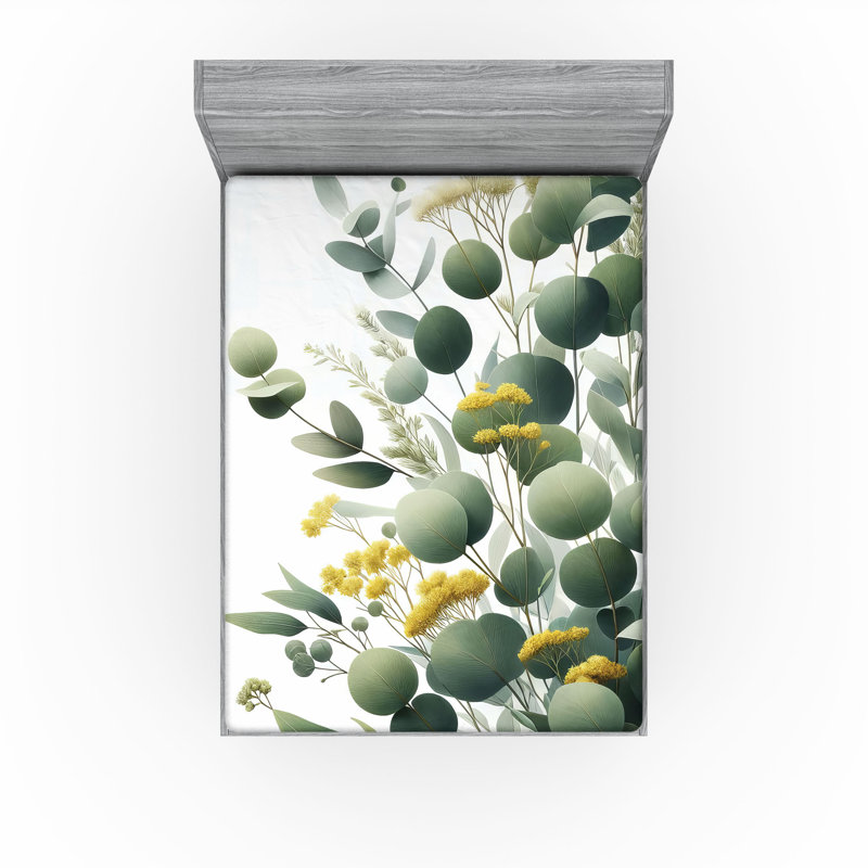 Drap-housse à feuilles d'eucalyptus Ambesonne_ Branche de feuille ronde_ Moutarde et vert paon, Grand