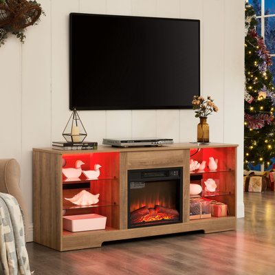 Meuble télé 58 po avec foyer électrique, chêne, pour téléviseurs de 60 à 69 po, effet visuel de flamme réglable, portes de foyer à tablettes en verre compatibles 62 po, finition chêne, télécommande,