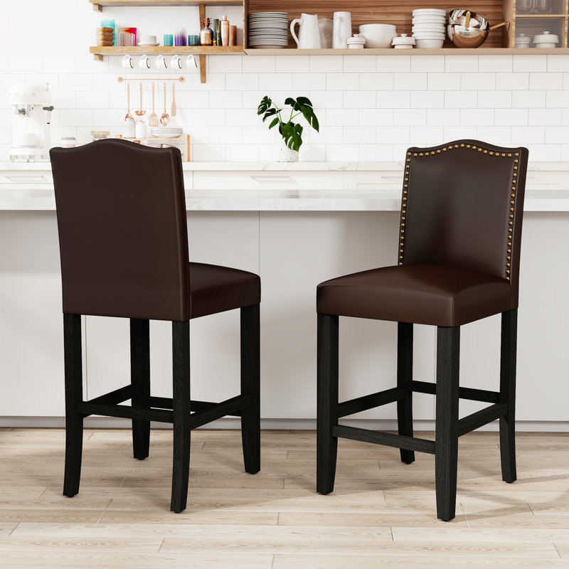 Pu Leather Upholstered Wooden Counter Height Bar Stools With Nailheads And Rubber Wood Legs For Home Kitchen And Restaurant