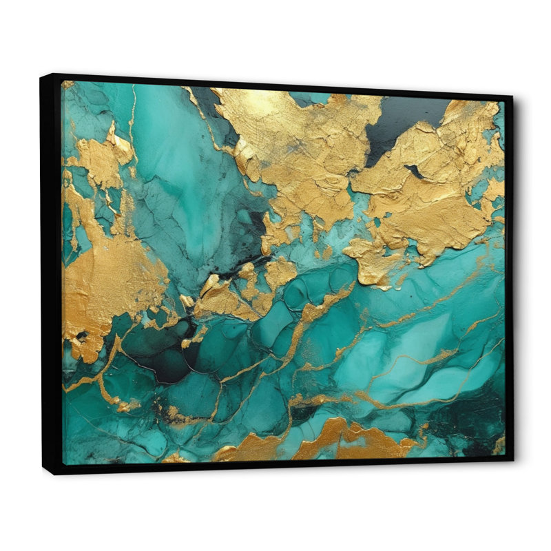 «Blue Watercolor Impression With Gold II - Fractals», reproduction sur toile, H 44 po x l 34 po x P 1,5 po