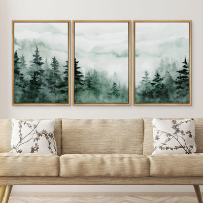  Green Pine Tree Forest Woodland Landscape Modern Artwork Wall Art Framed 3 Pieces Canvas Print