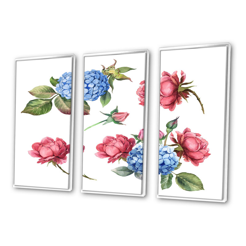 Rose rose et hortensia bleu avec feuilles - 3 pièces, reproduction sur toile, H 20 po x l 36 po x P 1 po, Cadre blanc