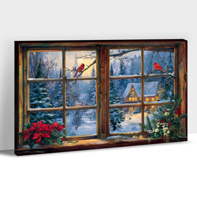  Décoration de Noël de fenêtre d'hiver de Noël, images de cardinal chalet enneigé, peinture murale de vacances douillettes, impressions sur toile de maison rustique, affiche d'art mural festif pour le salon, la chambre à coucher, 24 po x 32 po