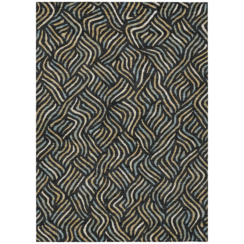 Machine Washable Indoor/Outdoor Chantille ACN2474 Abstract Rug, 10' x 14', Black