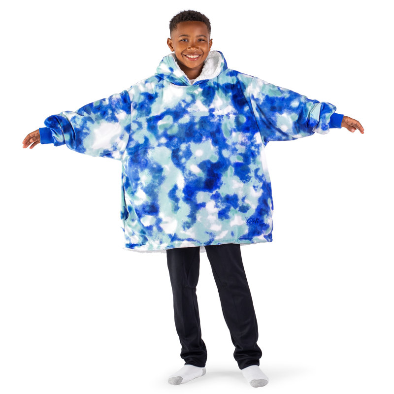 Couverture en sherpa à capuche portable, Teinture sur nœuds – bleu, Jeunesse