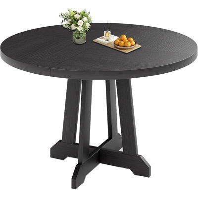 Round Dining Table for 4, Solid Wood Pedestal, 47-Inch Diameter, Kitchen and Dining Room, Black, Modern Style