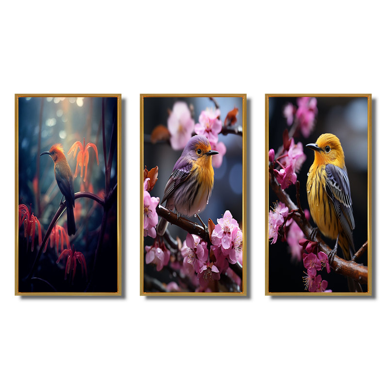«Yellow Bird On Blossom Cherry», 3 pièces sur toile, Cadre flottant doré, H 32 po x l 48 po