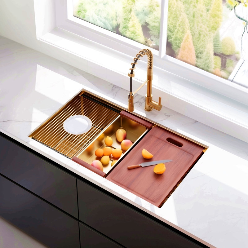 32 Gold Undermount Workstation Kitchen Sink-32 X 19 Inch 16 Gauge Stainless Steel Undermount Kitchen Sink Handmade R10 Radius 10 Inch Deep Undermount Single Bowl Sink With Custom Accessories