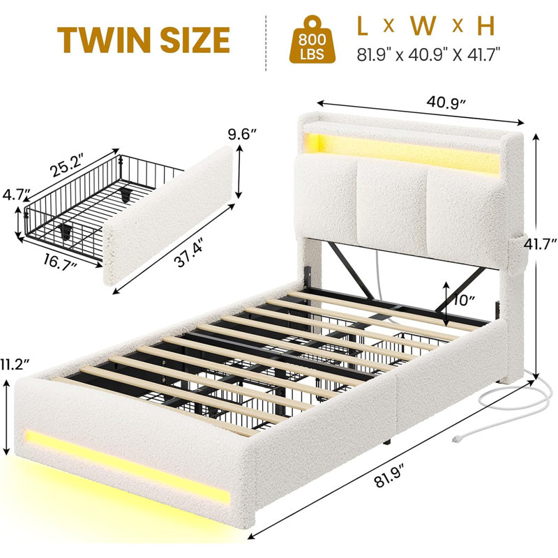 Lit plateforme tapissier avec rangement, Lit simple, Blanc, crème