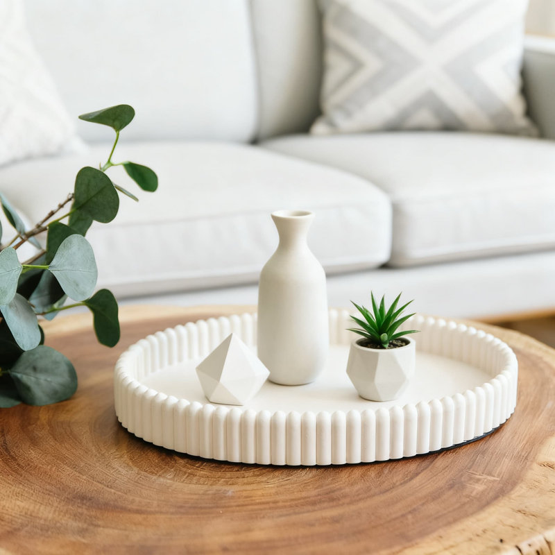 Scalloped Concrete Tray For Home Decor, Modern Oval Centerpiece Tray For Coffee Table, Living Room, And Kitchen, Beige