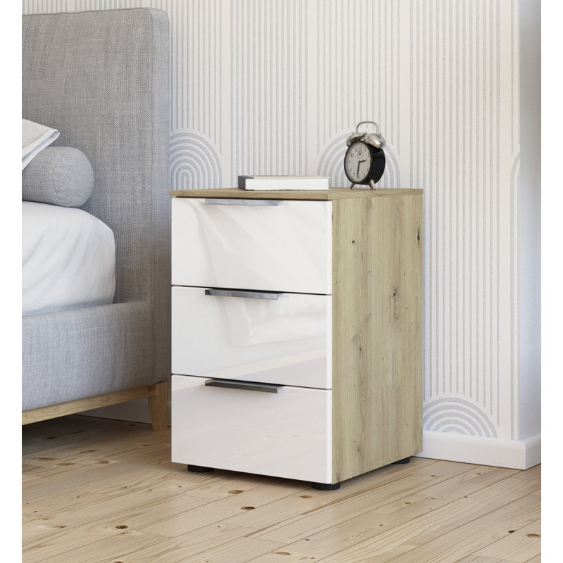 Manufactured Wood Bedside Table, Artisan Oak/White Glass/Chrome