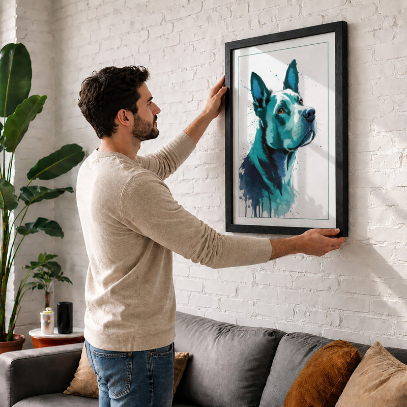 Attentive Dog in Teal Modern - Framed Print, A3 - 42.0 x 29.7 cm, Unframed