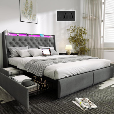 Full Size Upholstered Bed Frame with 4 Drawers, Bed with Storage Headboard, Charging Station and LED Lights