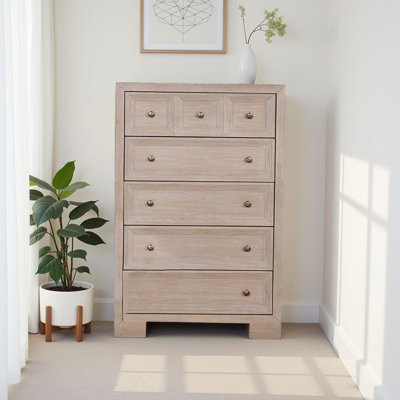 Kizie Tall Dresser Chest, 5 Drawers, Solid Rubberwood