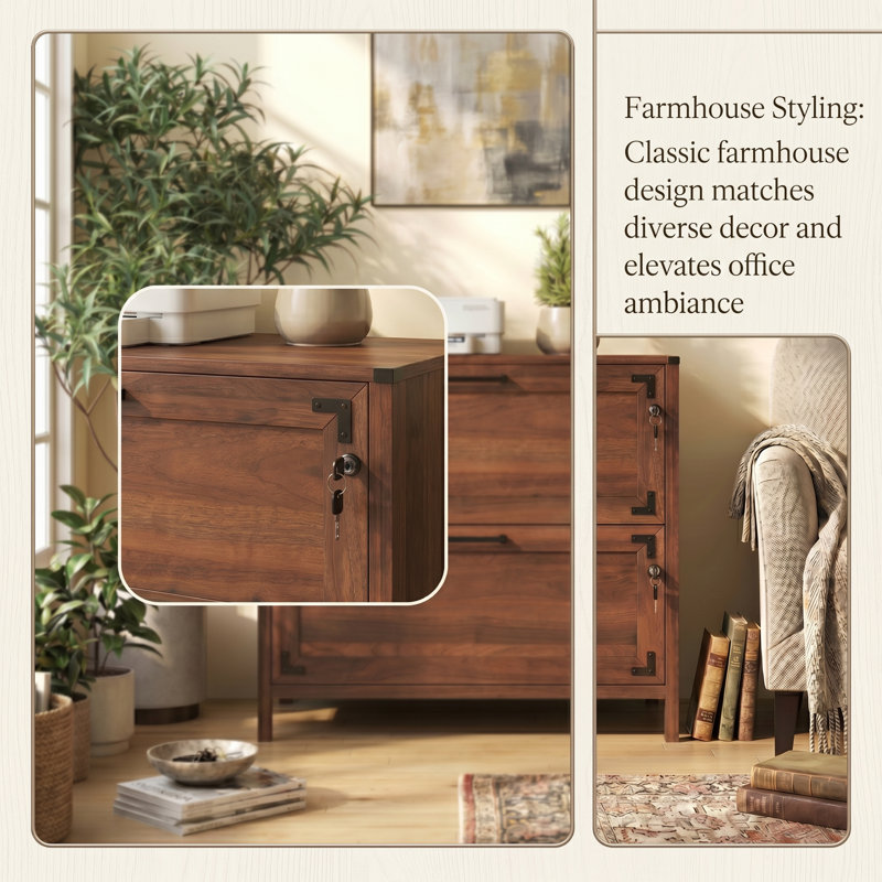 Shutesbury Wooden Filing Cabinet with 2 Lockable Drawers, Walnut