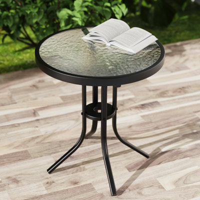Round Glass Outdoor Side Table, All-Weather Patio End Table for Deck Backyard Garden