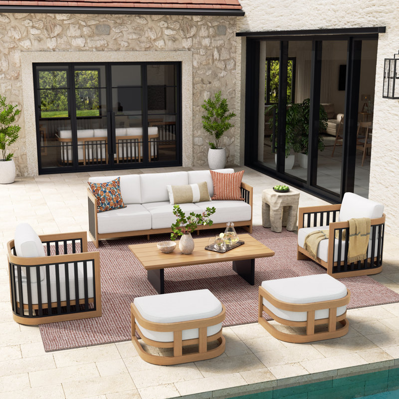 Sereno Patio 5 Person Aluminum Conversation Set With Cushions And Ottomans, Matted Teak