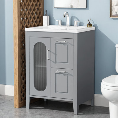 Meuble-lavabo gris 24 po avec lavabo, deux tiroirs et tablette ajustable - Bois massif et panneau de fibres à densité moyenne