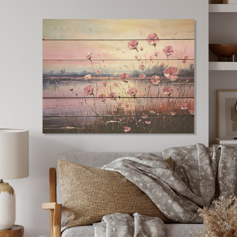 Bloomed Flower Horizons At Sunlight - Art mural en bois sur bois de pin naturel, H 24 po x l 32 po