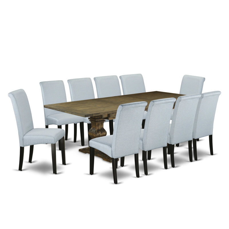 Ensemble de table de salle à manger 11 pièces comprenant une table de salle à manger rectangulaire avec rallonge amovible et 10 chaises rembourrées en tissu gris, Jacobean