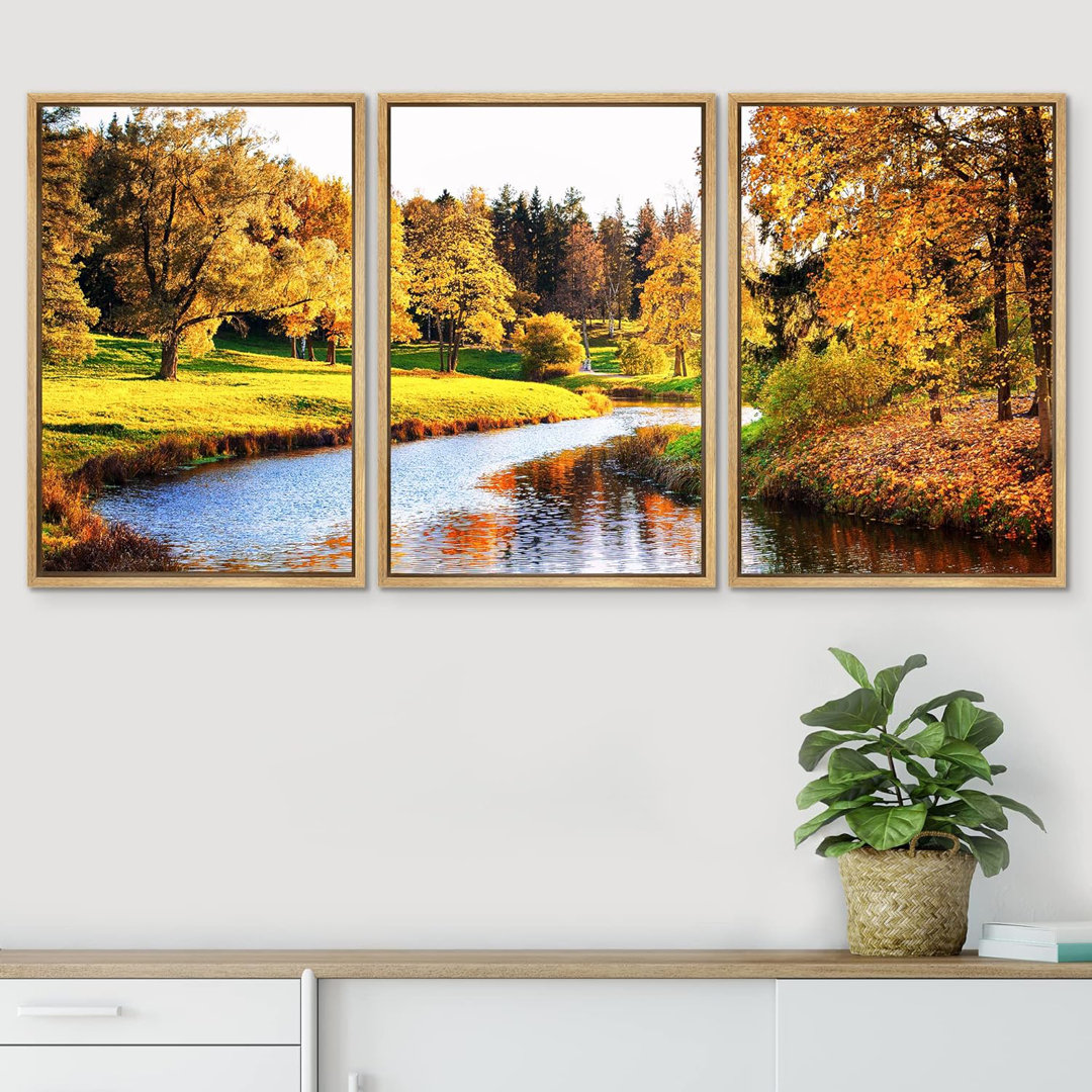 Autumn Fall " IDEA4WALL Framed Canvas Print Wall Art Set Scenic Autumn Fall Lake & Tree Landscape Rustic Nature Photography Realism Decorative Wilderness Calm/Zen For Living Room, Bedroom, Office " 3 - Pieces IDEA4WALL 