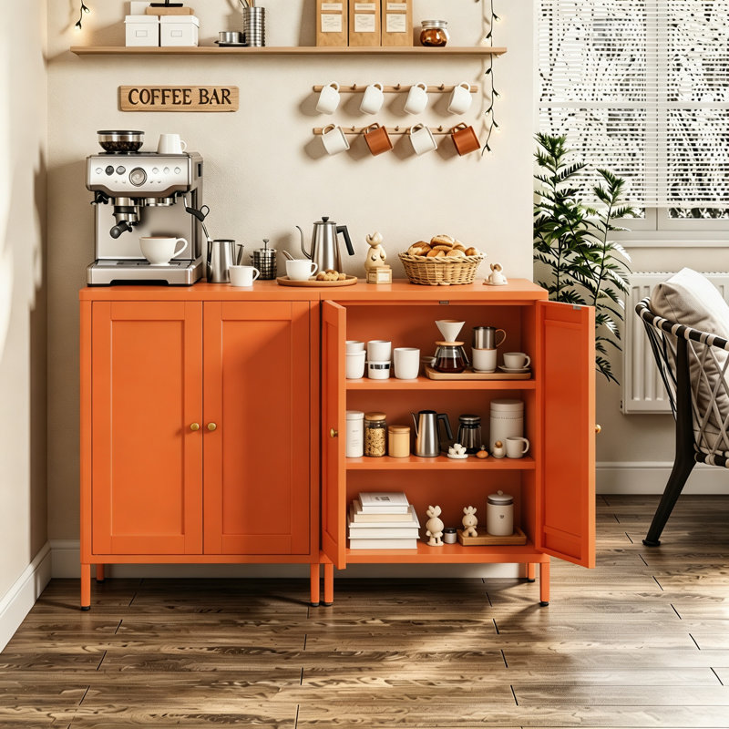 31.5" Tall Metal Side Cabinet with 2 Doors and 2 Adjustable Shelves, Orange, metal door