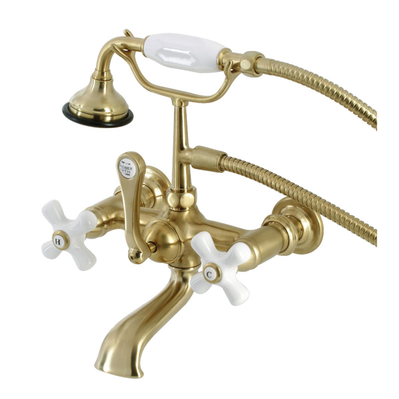 Kingston Brass Aqua Vintage Three-Handle 2-Hole Tub Wall Mount Clawfoot Tub Faucet with Hand Shower, Brushed Brass