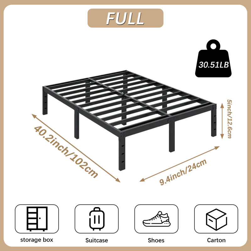 Functional Full Size Metal Bed Frame, 16" Height, Ample Under Bed Storage, Durable Mattress Foundation, Full