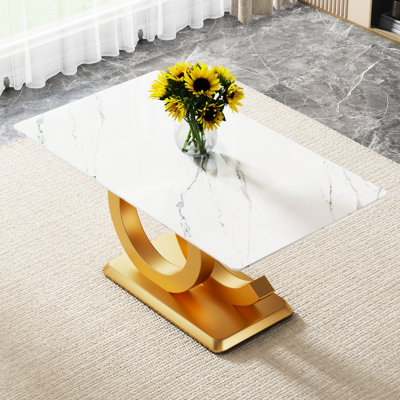 Grande table pour 6 à 8 personnes avec supports en forme de oc or, bureau blanc et base aurrée, convient à la cuisine, au salon moderne minimaliste pour les personnes, bureau, base parfaite
