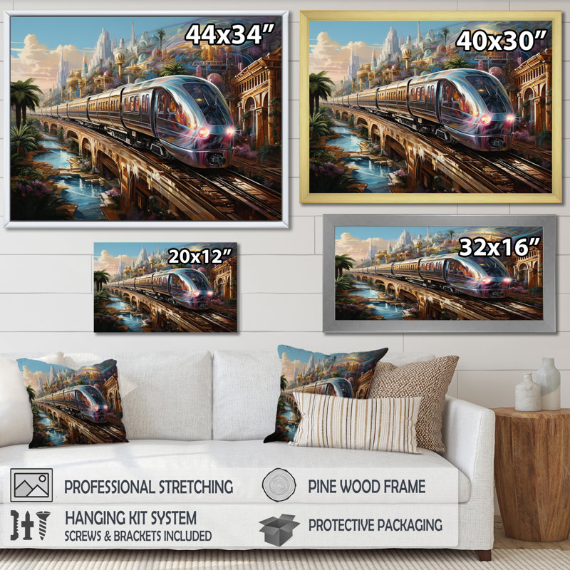 Abstract Colourful Train From The Future - Transportation Canvas Wall Art, Cadre flottant doré, H 16 po x l 32 po x P 1 po