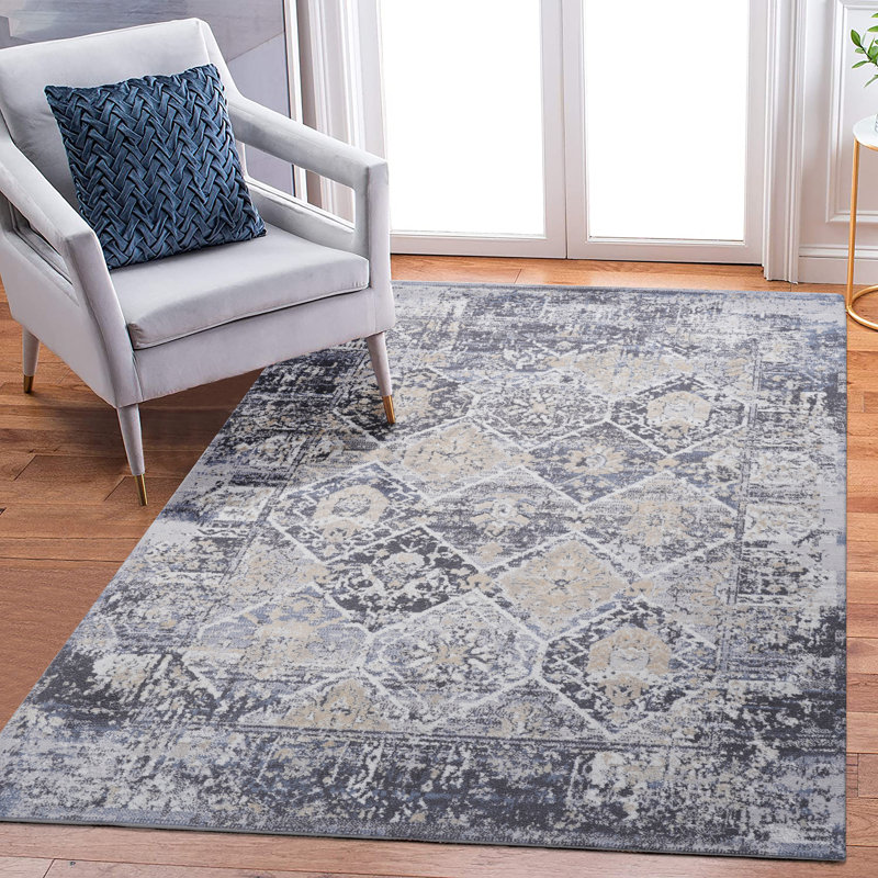 NAAR PAYAS Collection 5X7 Grey / Blue / Traditional Area Rug, Rectangle 5'3" x 7'6"